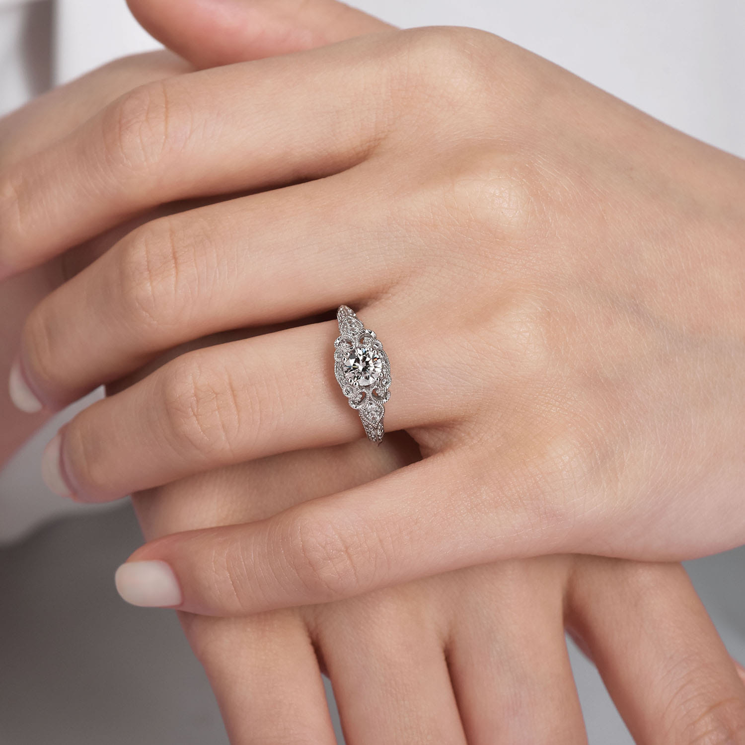 Abel - Unique 14K White Gold Vintage Inspired Diamond Halo Engagement Ring - 0.3 ct - Shot 6