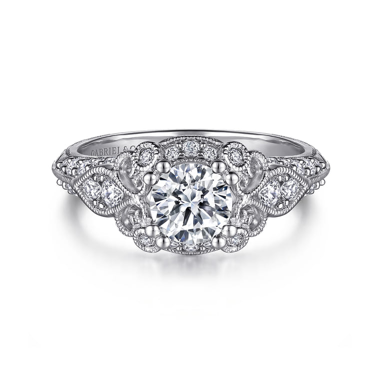 Abel - Unique 14K White Gold Vintage Inspired Diamond Halo Engagement Ring - 0.39 ct - Shot 1