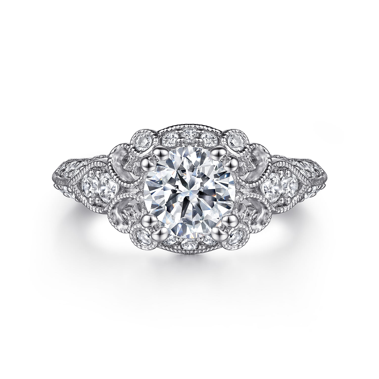 Abel - Vintage Inspired 14K White Gold Fancy Halo Round Diamond Engagement Ring - 0.46 ct - Shot 1