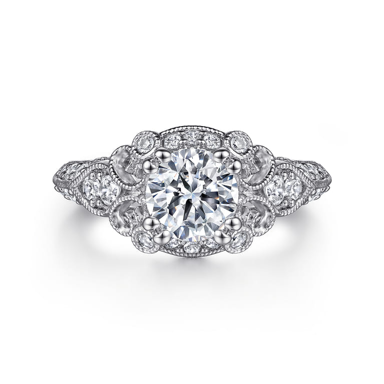 Abel - Vintage Inspired 14K White Gold Fancy Halo Round Diamond Engagement Ring - 0.46 ct - Shot 1