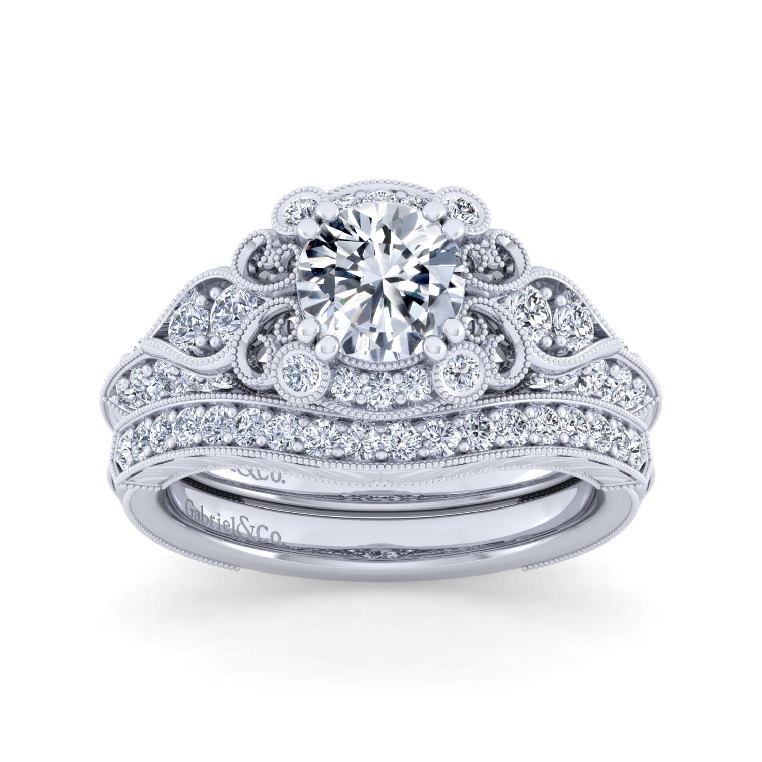Abel - Vintage Inspired 14K White Gold Fancy Halo Round Diamond Engagement Ring - 0.46 ct - Shot 4