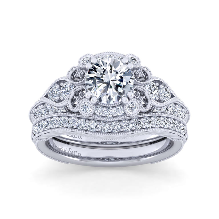 Abel - Vintage Inspired 14K White Gold Fancy Halo Round Diamond Engagement Ring - 0.46 ct - Shot 4