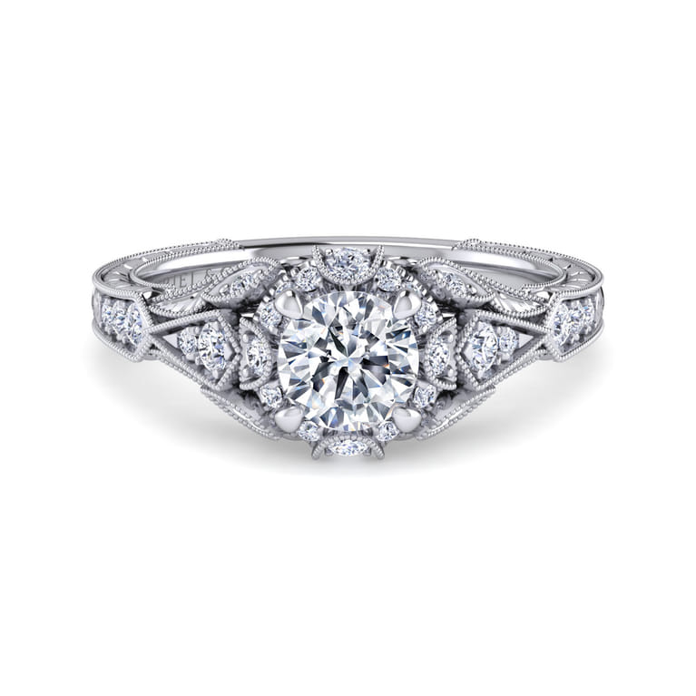 Annadale - Unique 14K White Gold Vintage Inspired Diamond Halo Engagement Ring - 0.3 ct - Shot 1