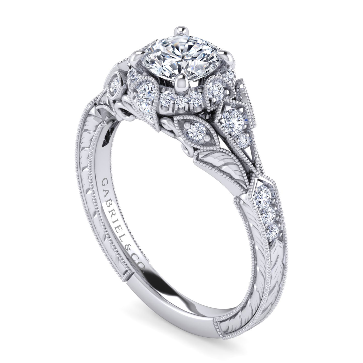 Annadale - Unique 14K White Gold Vintage Inspired Diamond Halo Engagement Ring - 0.3 ct - Shot 3