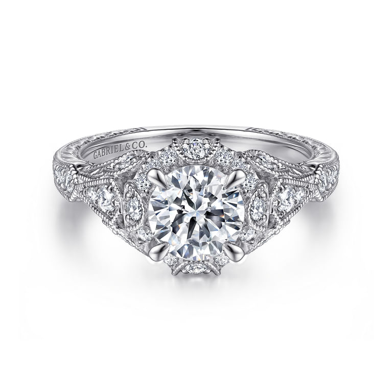 Annadale - Unique 14K White Gold Vintage Inspired Diamond Halo Engagement Ring - 0.4 ct