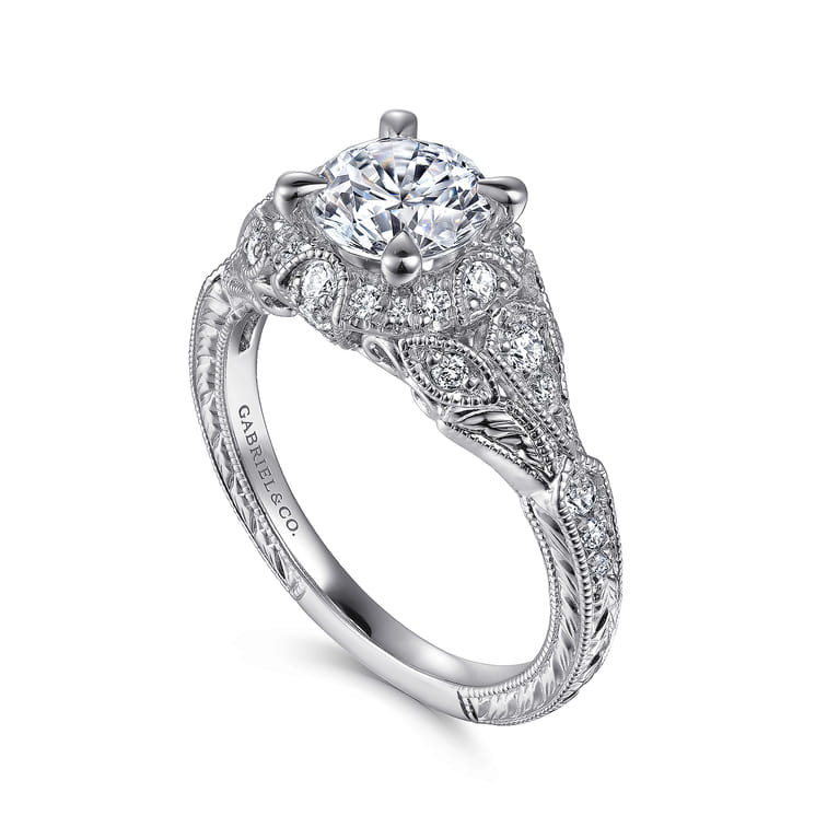 Annadale - Unique 14K White Gold Vintage Inspired Diamond Halo Engagement Ring - 0.4 ct - Shot 3