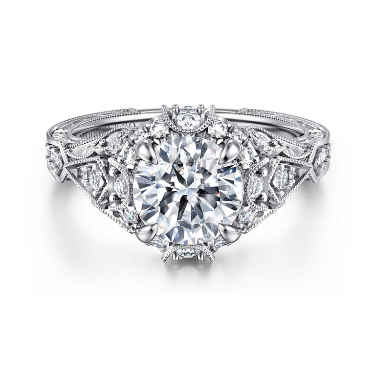 Annadale - Unique 14K White Gold Vintage Inspired Diamond Halo Engagement Ring - 0.4 ct - Shot 1