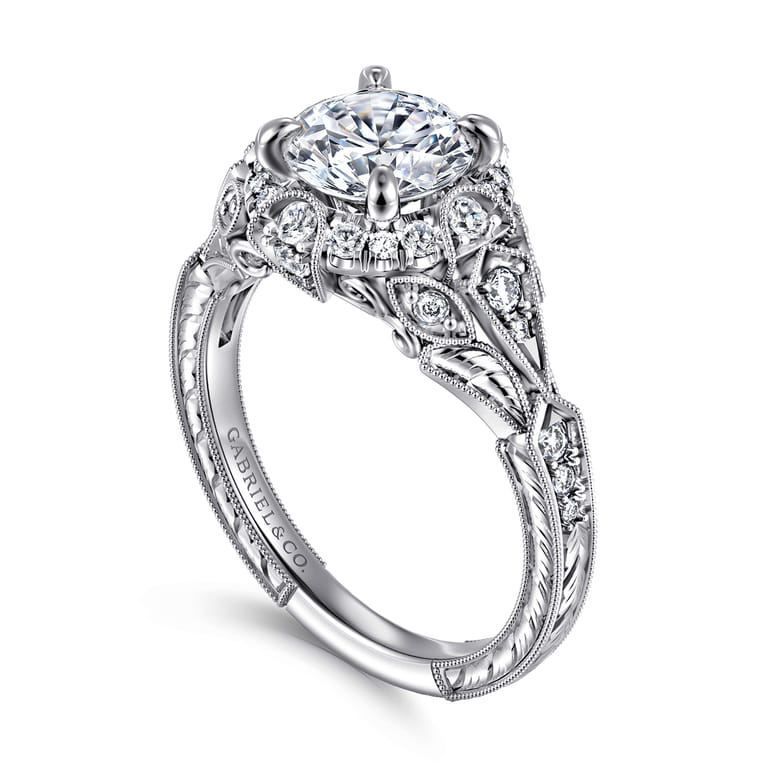 Annadale - Unique 14K White Gold Vintage Inspired Diamond Halo Engagement Ring - 0.4 ct - Shot 3