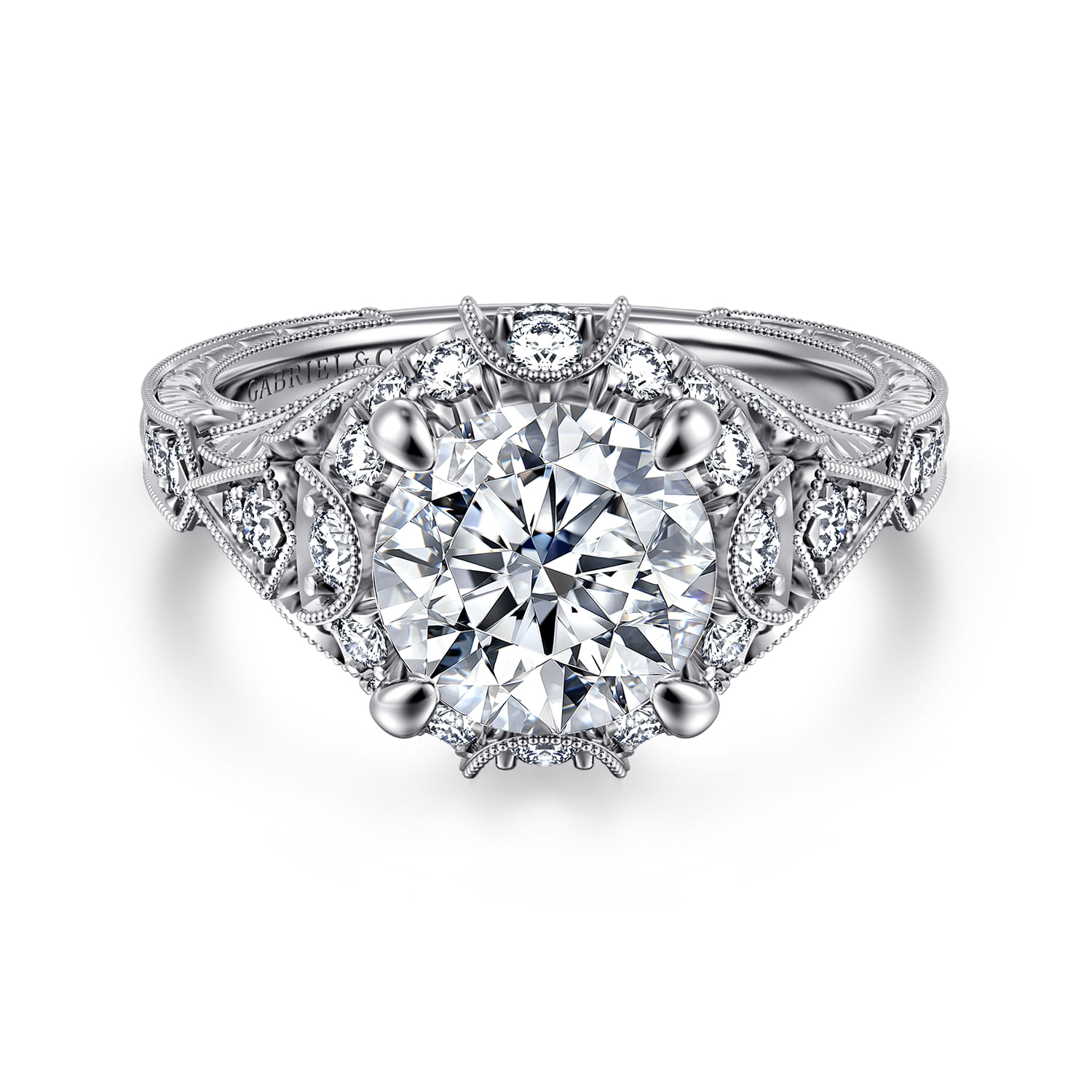 Annadale - Unique 14K White Gold Vintage Inspired Diamond Halo Engagement Ring - 0.45 ct - Shot 1