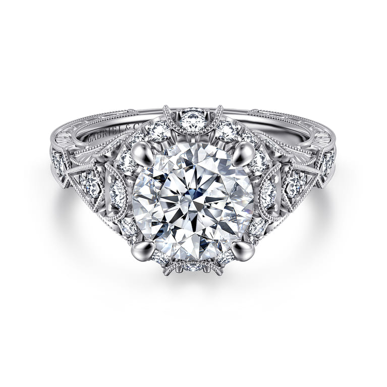 Annadale - Unique 14K White Gold Vintage Inspired Diamond Halo Engagement Ring - 0.45 ct - Shot 1