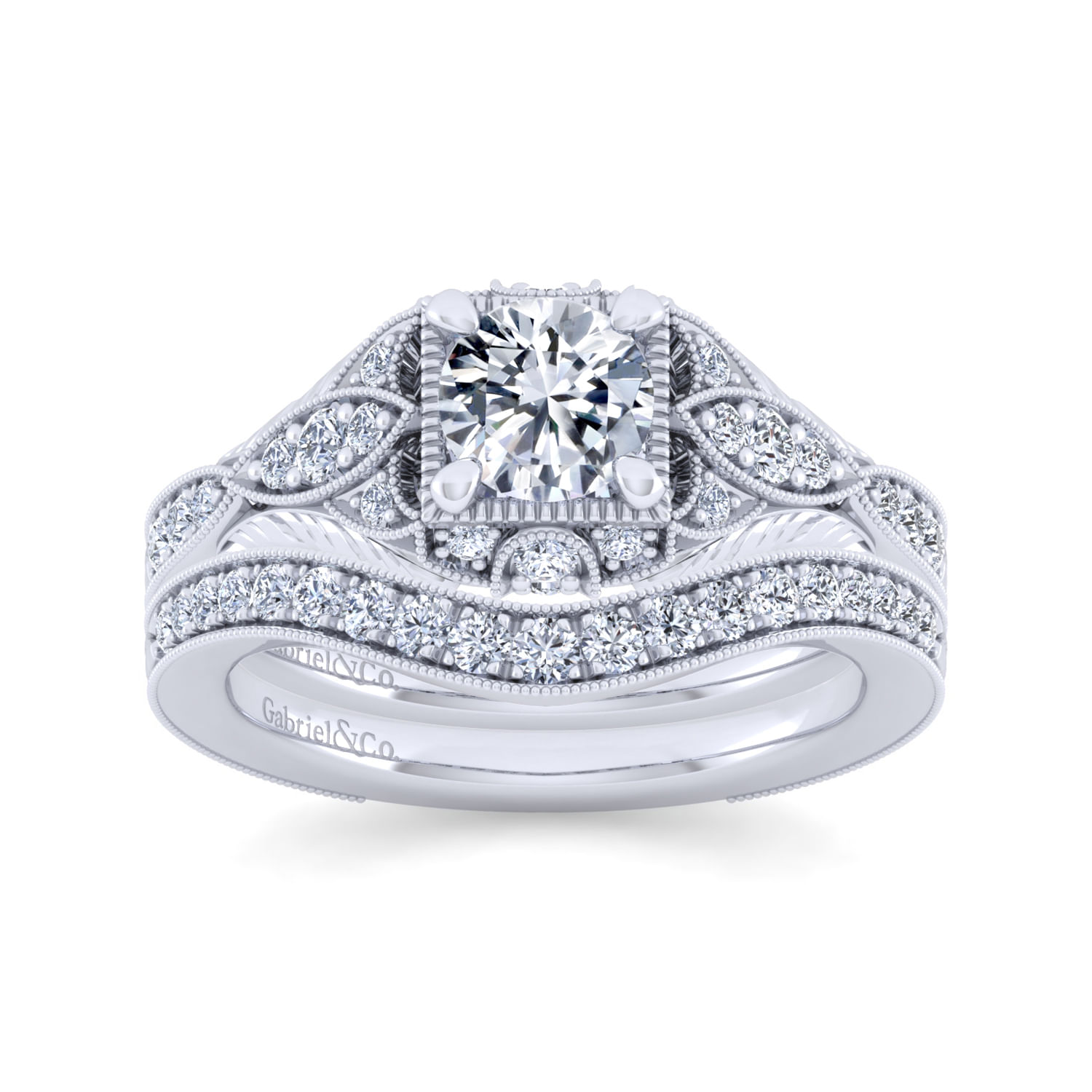 Windsor - Unique 14K White Gold Vintage Inspired Diamond Halo Engagement Ring - 0.27 ct - Shot 4