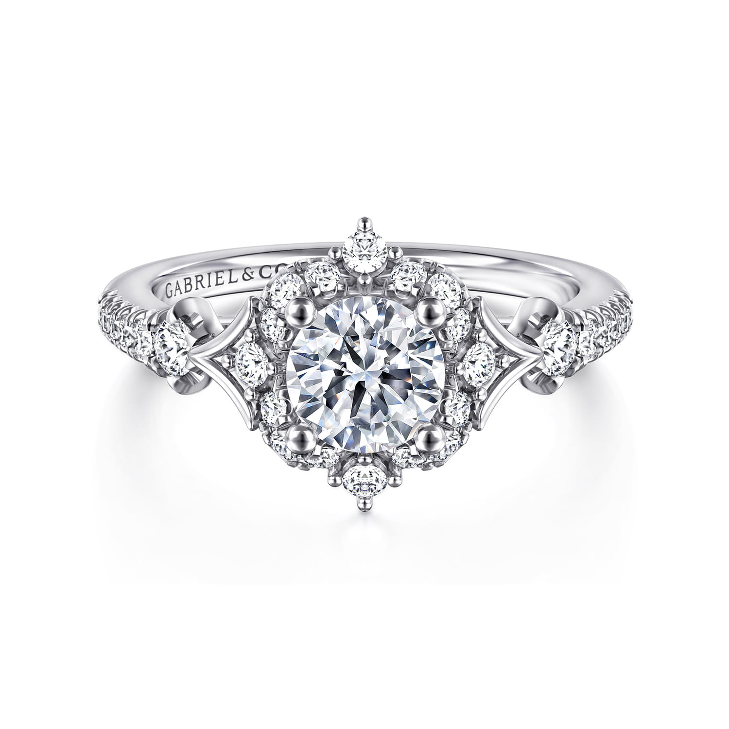 Veronique - Vintage Inspired 14K White Gold Fancy Halo Round Diamond Engagement Ring - 0.34 ct - Shot 1