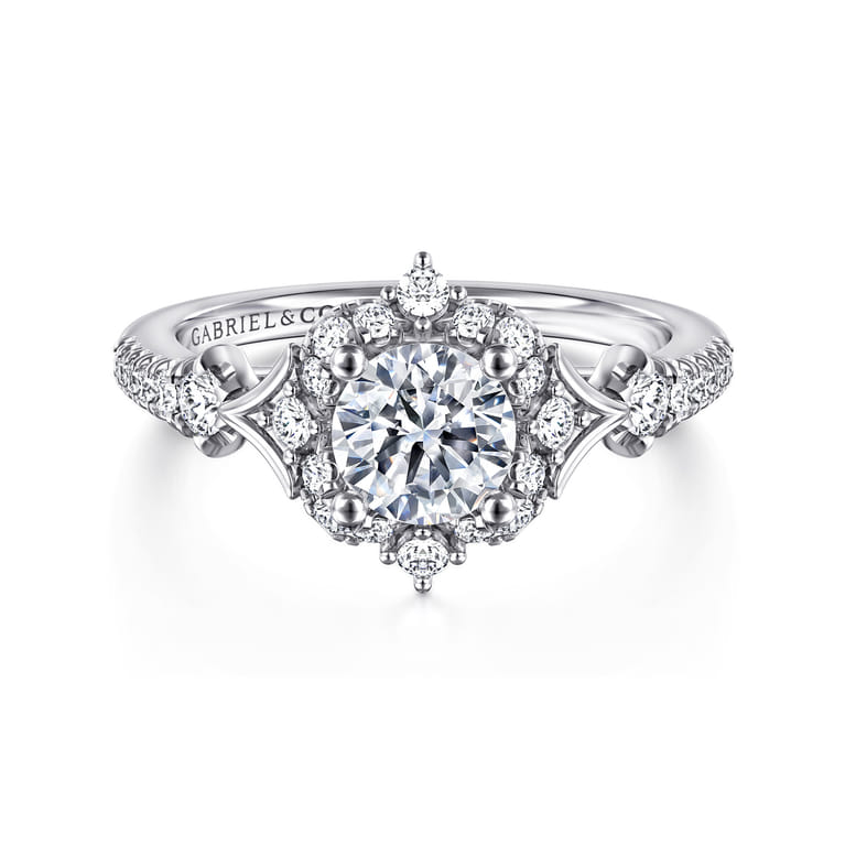 Veronique - Vintage Inspired 14K White Gold Fancy Halo Round Diamond Engagement Ring - 0.34 ct - Shot 1