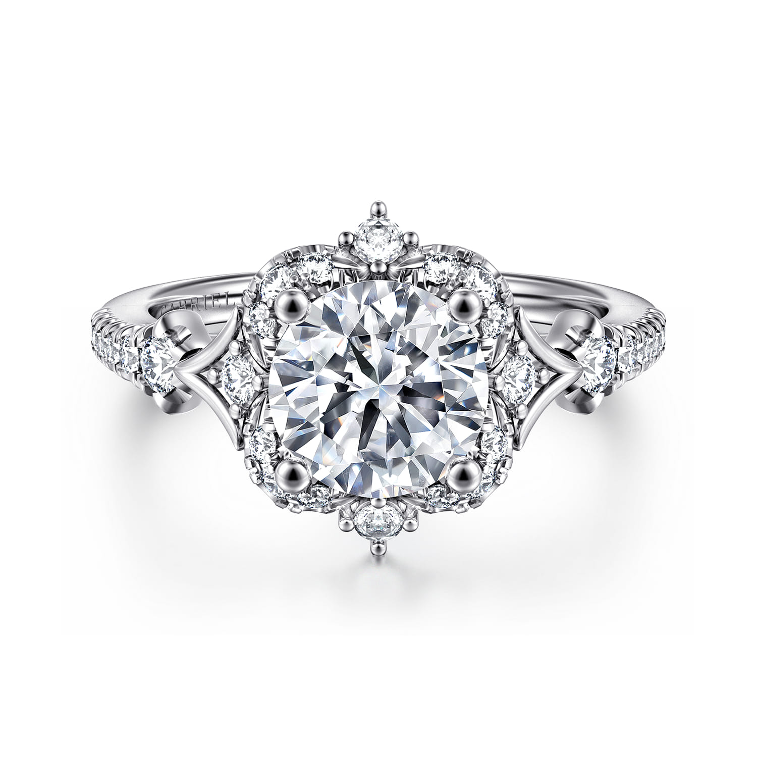 Veronique - Unique 14K White Gold Vintage Inspired Round Halo Diamond Engagement Ring - 0.35 ct - Shot 1