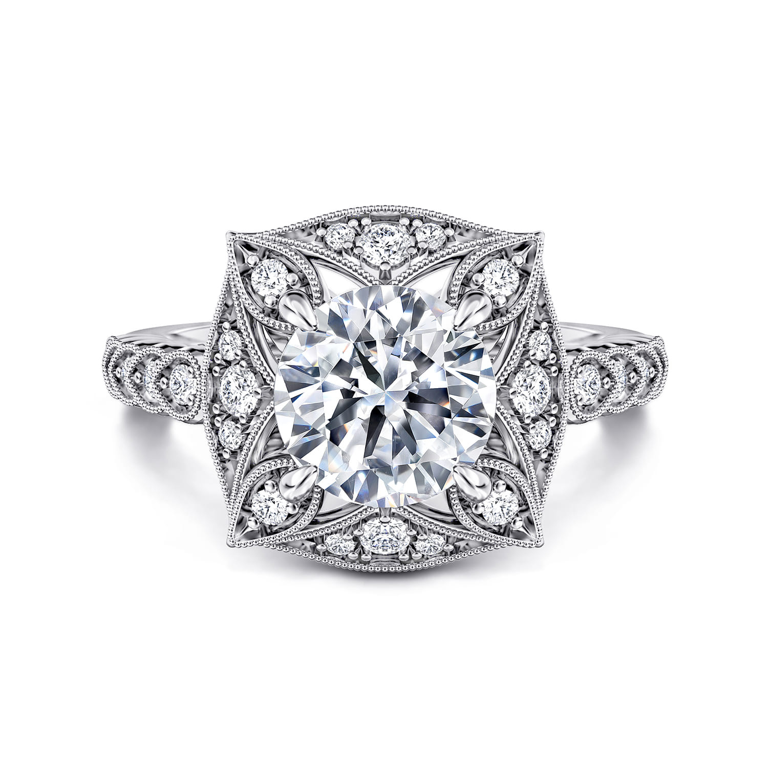 Memphis - Vintage Inspired 14K White Gold Round Halo Diamond Engagement Ring - 0.3 ct - Shot 1