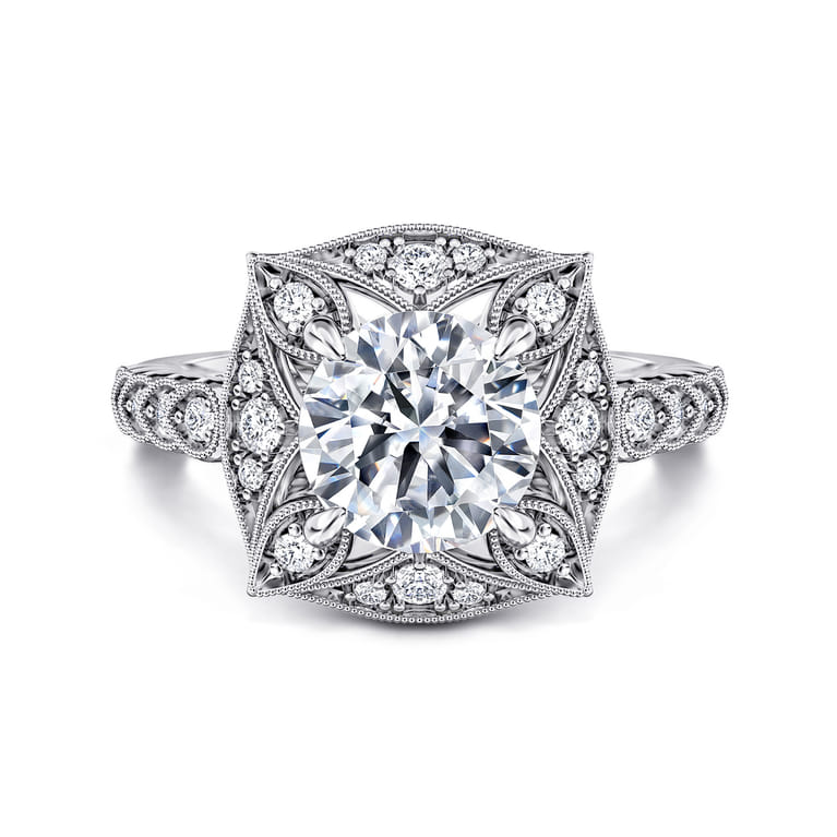 Memphis - Vintage Inspired 14K White Gold Round Halo Diamond Engagement Ring - 0.3 ct - Shot 1