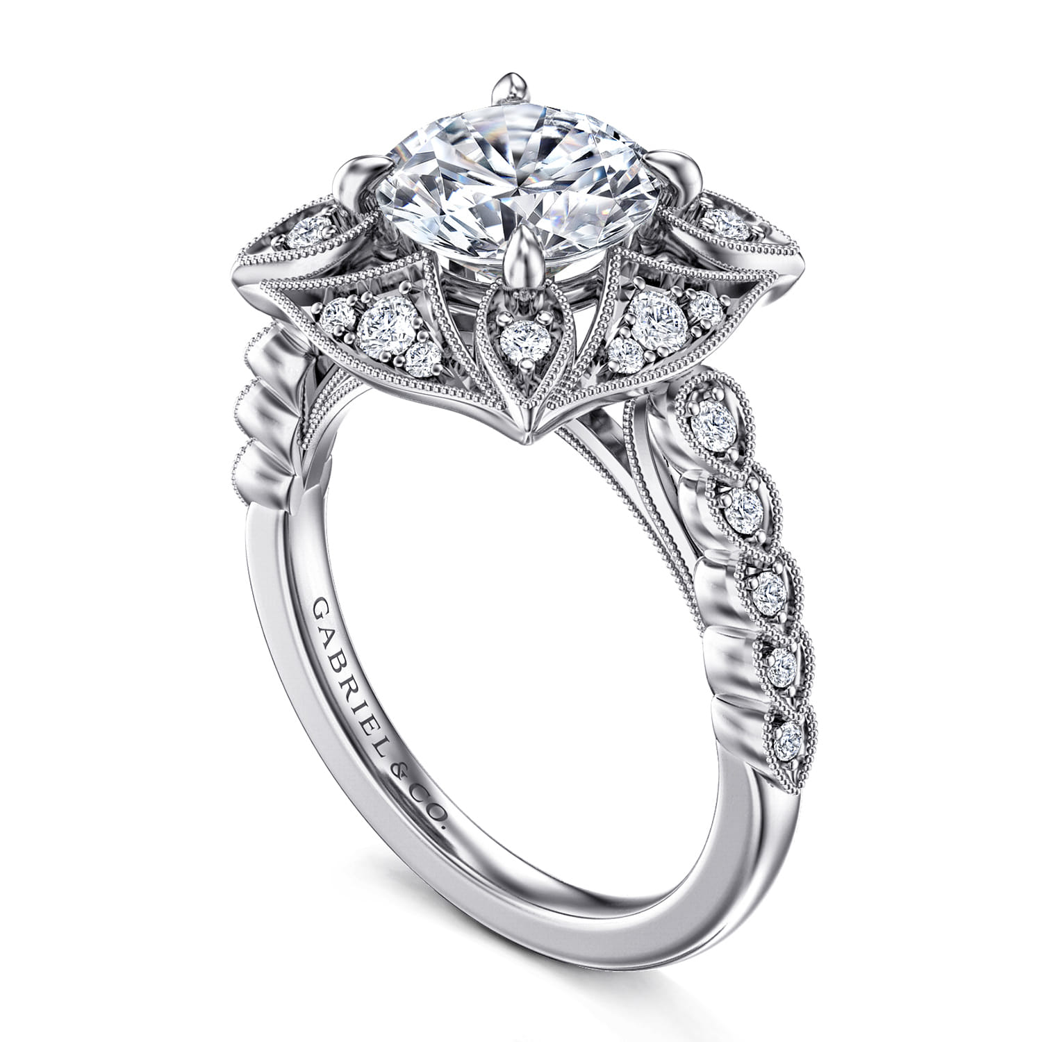 Memphis - Vintage Inspired 14K White Gold Round Halo Diamond Engagement Ring - 0.3 ct - Shot 3