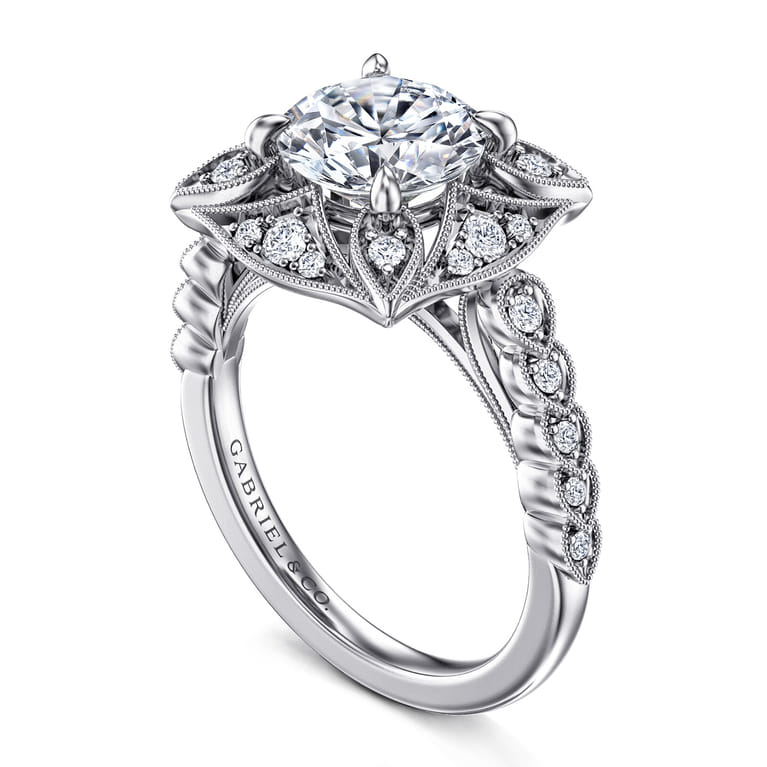 Memphis - Vintage Inspired 14K White Gold Round Halo Diamond Engagement Ring - 0.3 ct - Shot 3