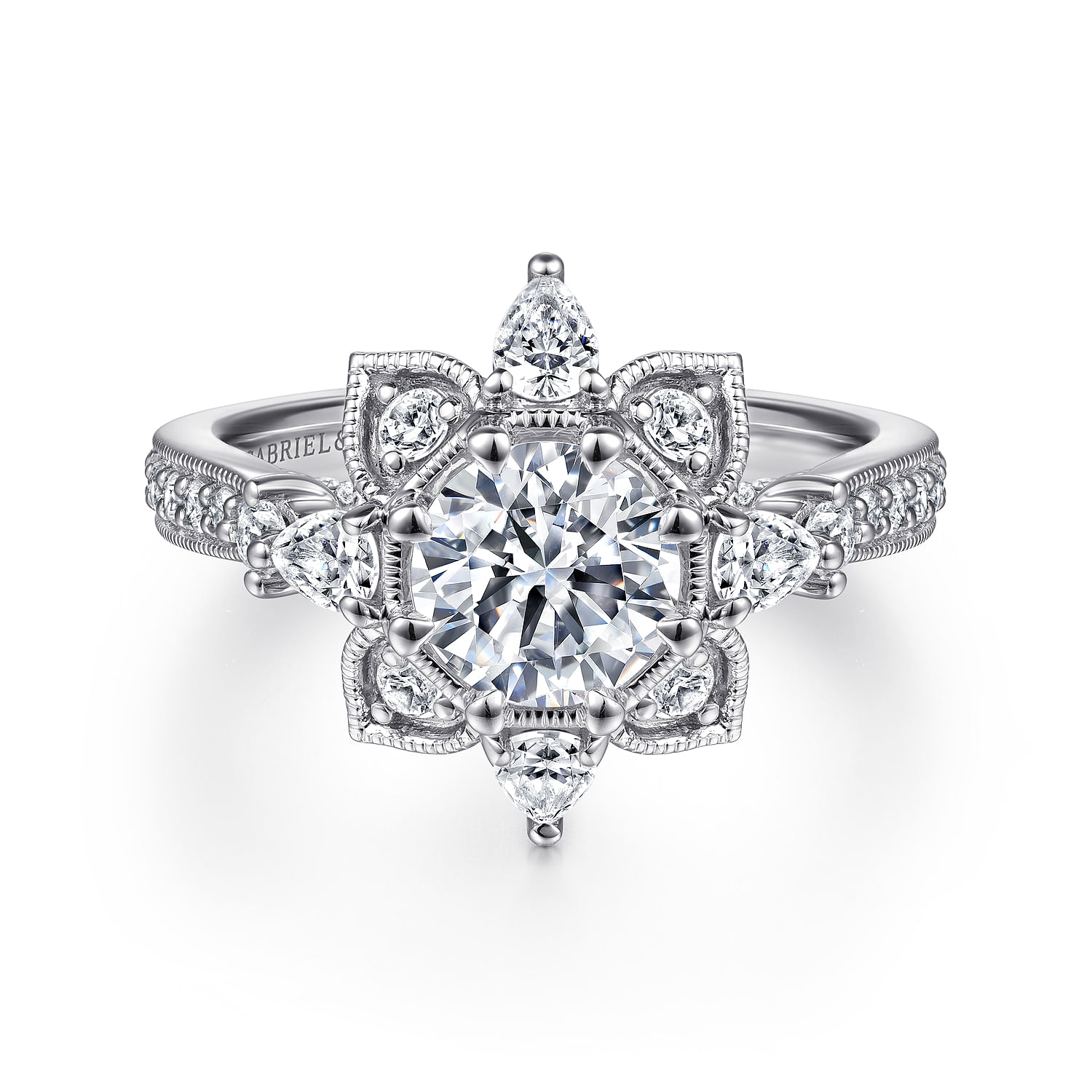 Alexandria - 14K White Gold Floral Halo Round Diamond Engagement Ring - 0.83 ct - Shot 1