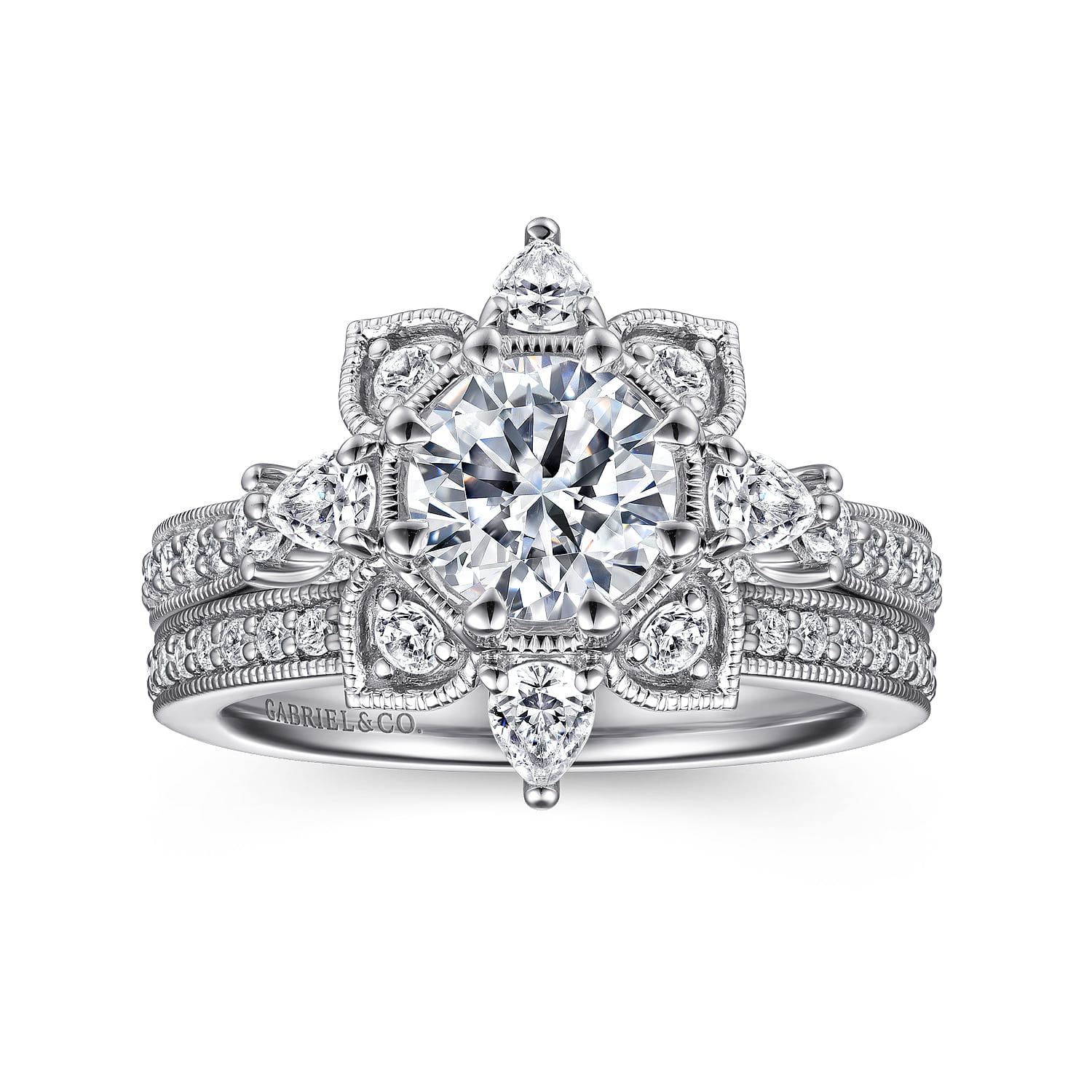 Alexandria - 14K White Gold Floral Halo Round Diamond Engagement Ring - 0.83 ct - Shot 4