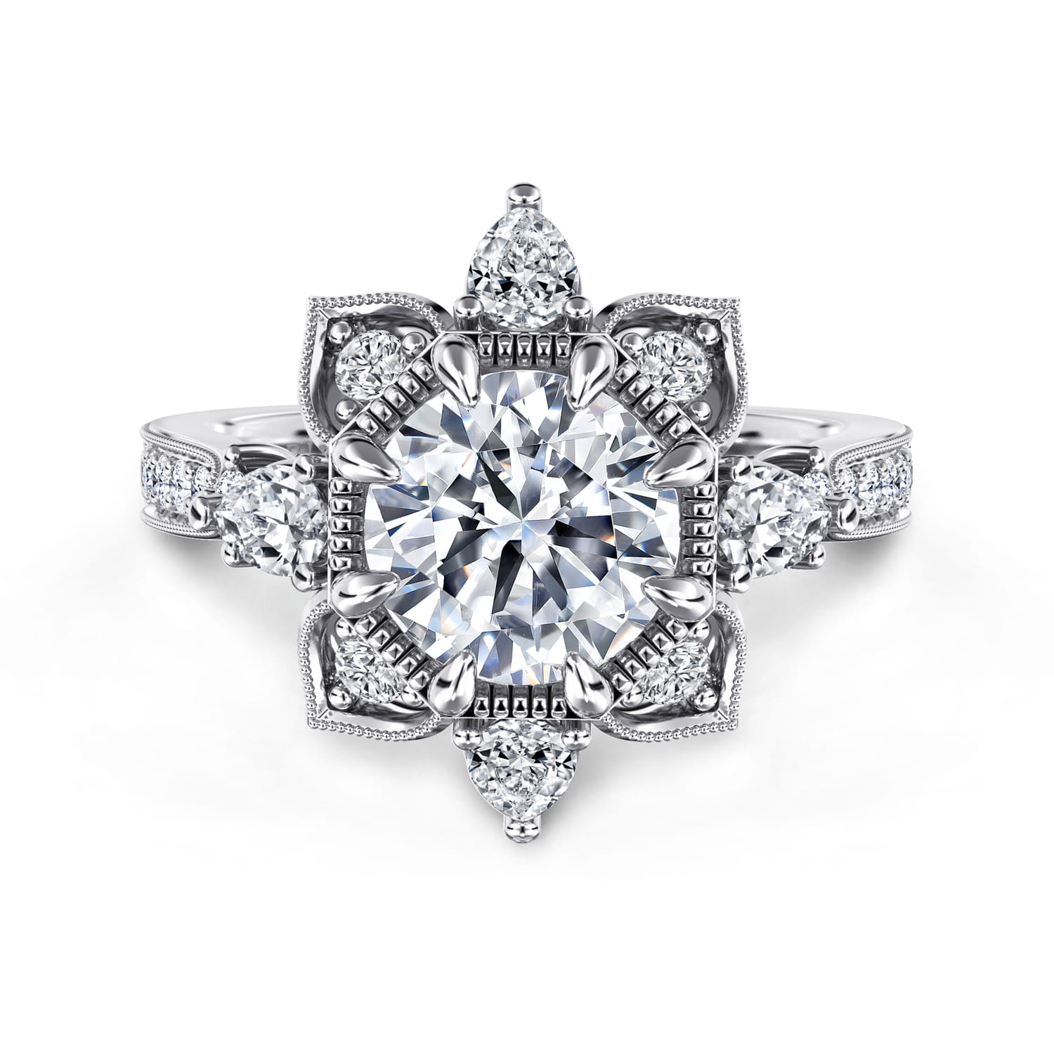 Alexandria - 14K White Gold Floral Halo Round Diamond Engagement Ring - 0.96 ct - Shot 1