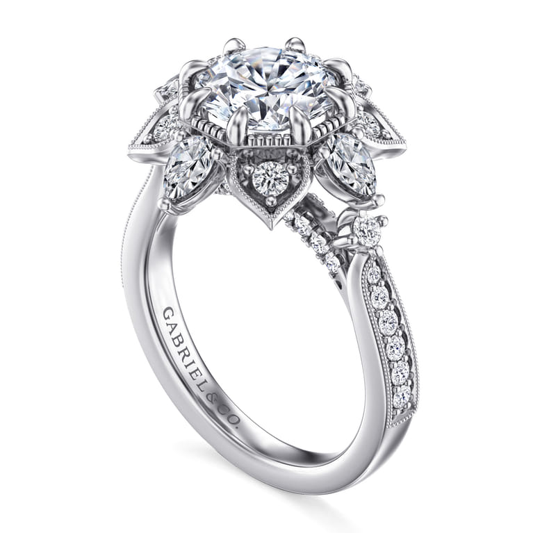 Alexandria - 14K White Gold Floral Halo Round Diamond Engagement Ring - 0.96 ct - Shot 3