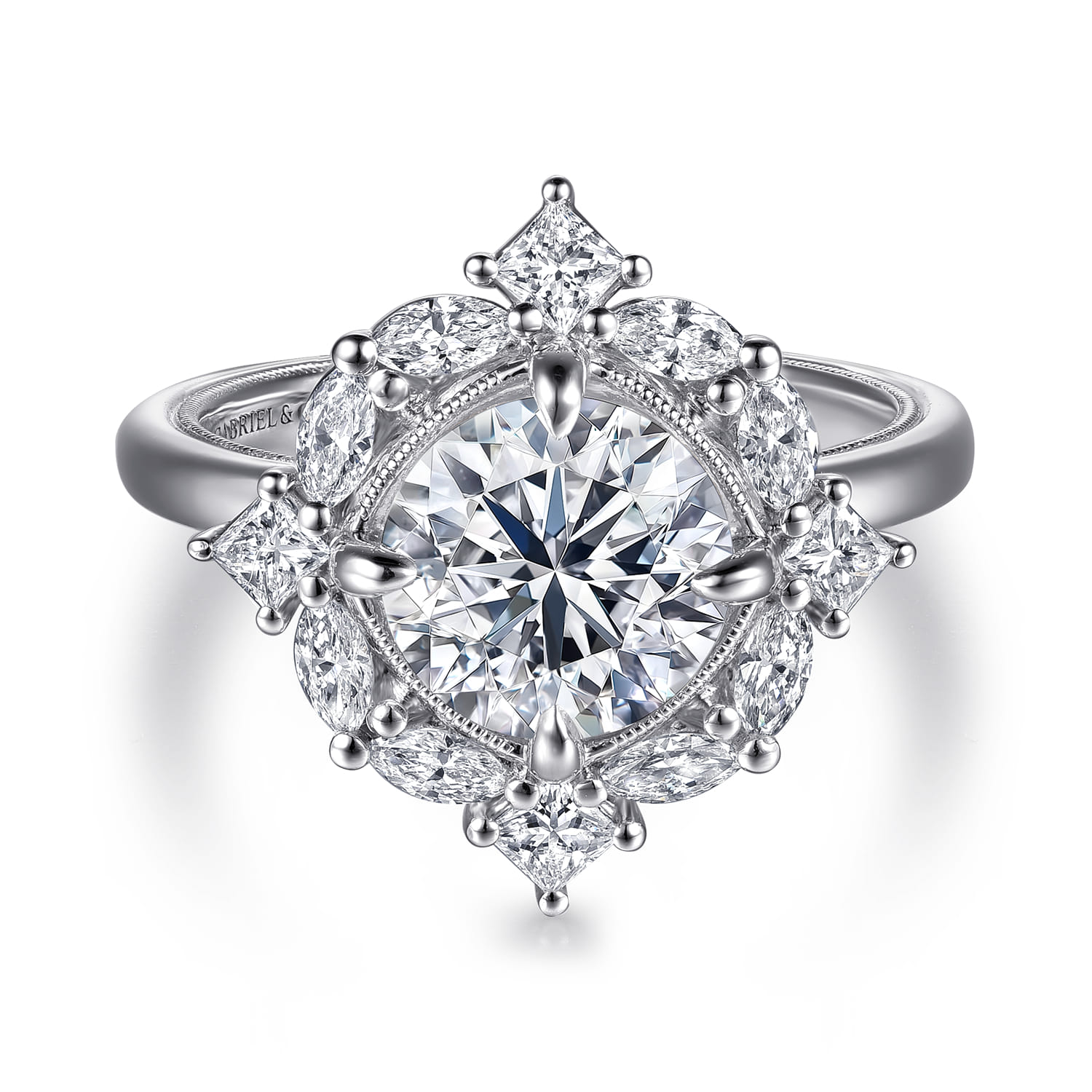 Fernanda - 14K White Gold Compass Prong Round Halo Diamond Engagement Ring - 0.65 ct - Shot 1