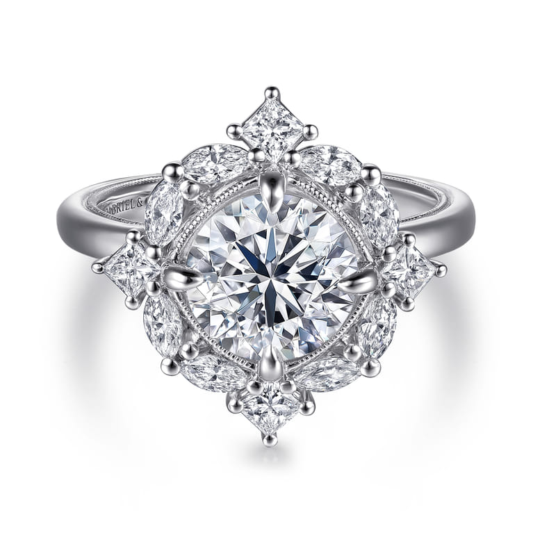 Fernanda - 14K White Gold Compass Prong Round Halo Diamond Engagement Ring - 0.65 ct - Shot 1
