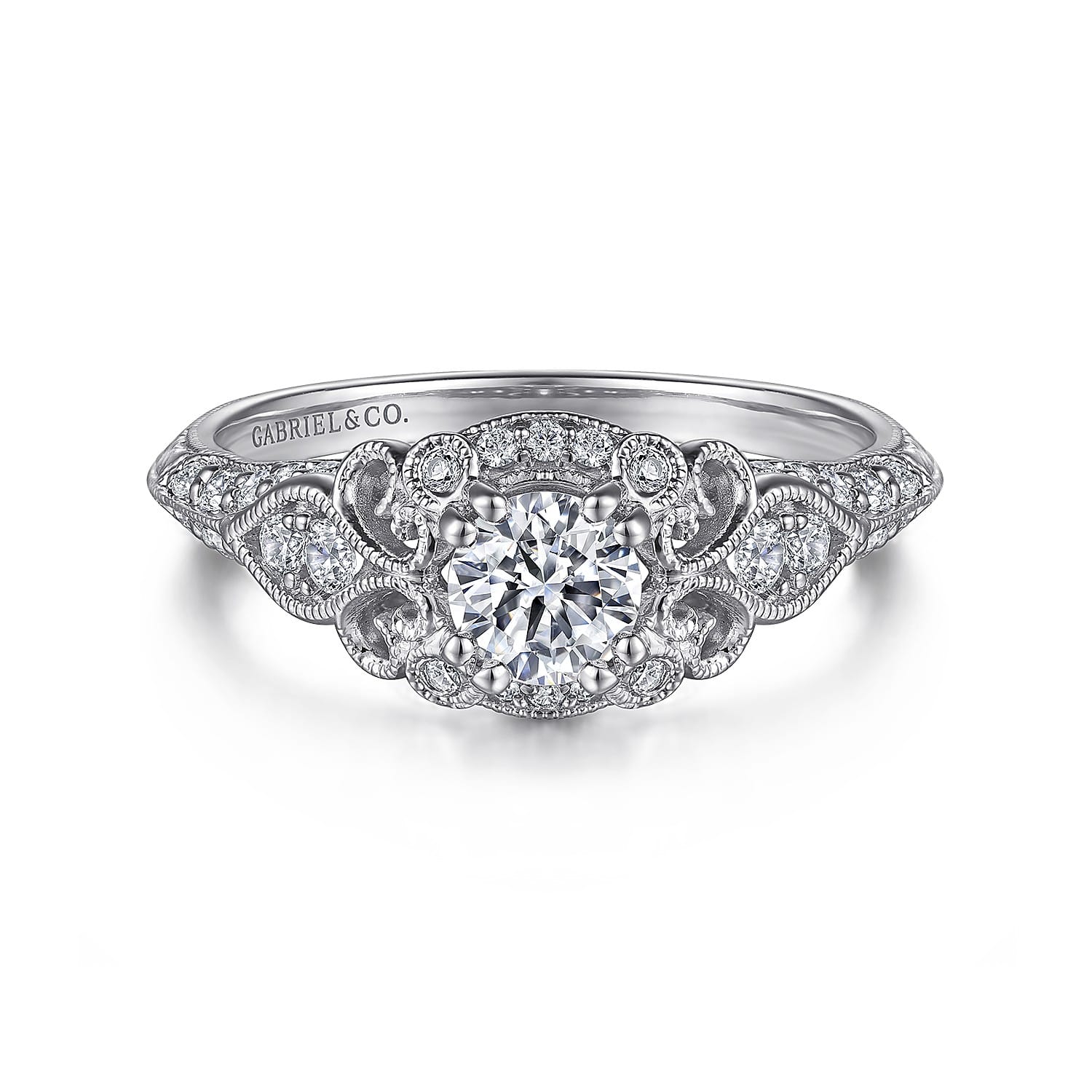 Abel - Vintage Inspired 14K White Gold Round Halo Complete Diamond Engagement Ring - 0.72 ct - Shot 1