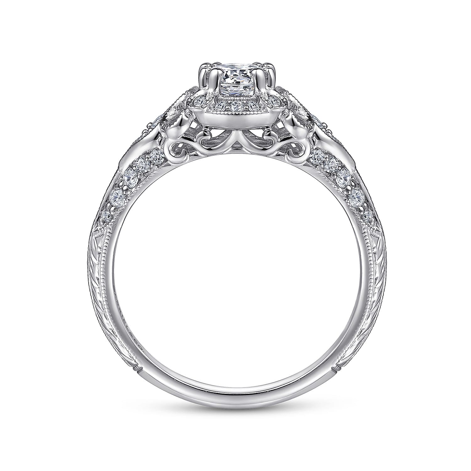 Abel - Vintage Inspired 14K White Gold Round Halo Complete Diamond Engagement Ring - 0.72 ct - Shot 2