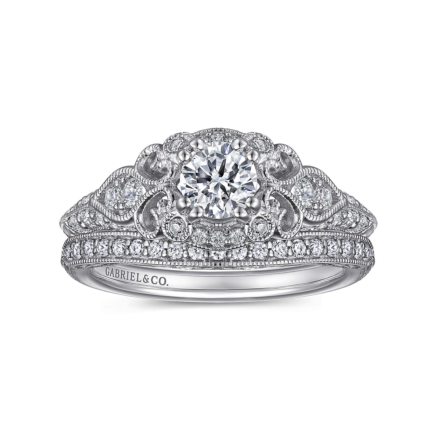 Abel - Vintage Inspired 14K White Gold Round Halo Complete Diamond Engagement Ring - 0.72 ct - Shot 4