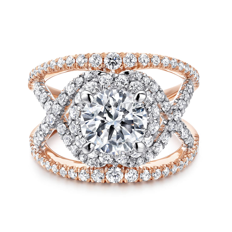 Naples - 14K White-Rose Gold Round Halo Diamond Engagement Ring - 1.07 ct - Shot 1