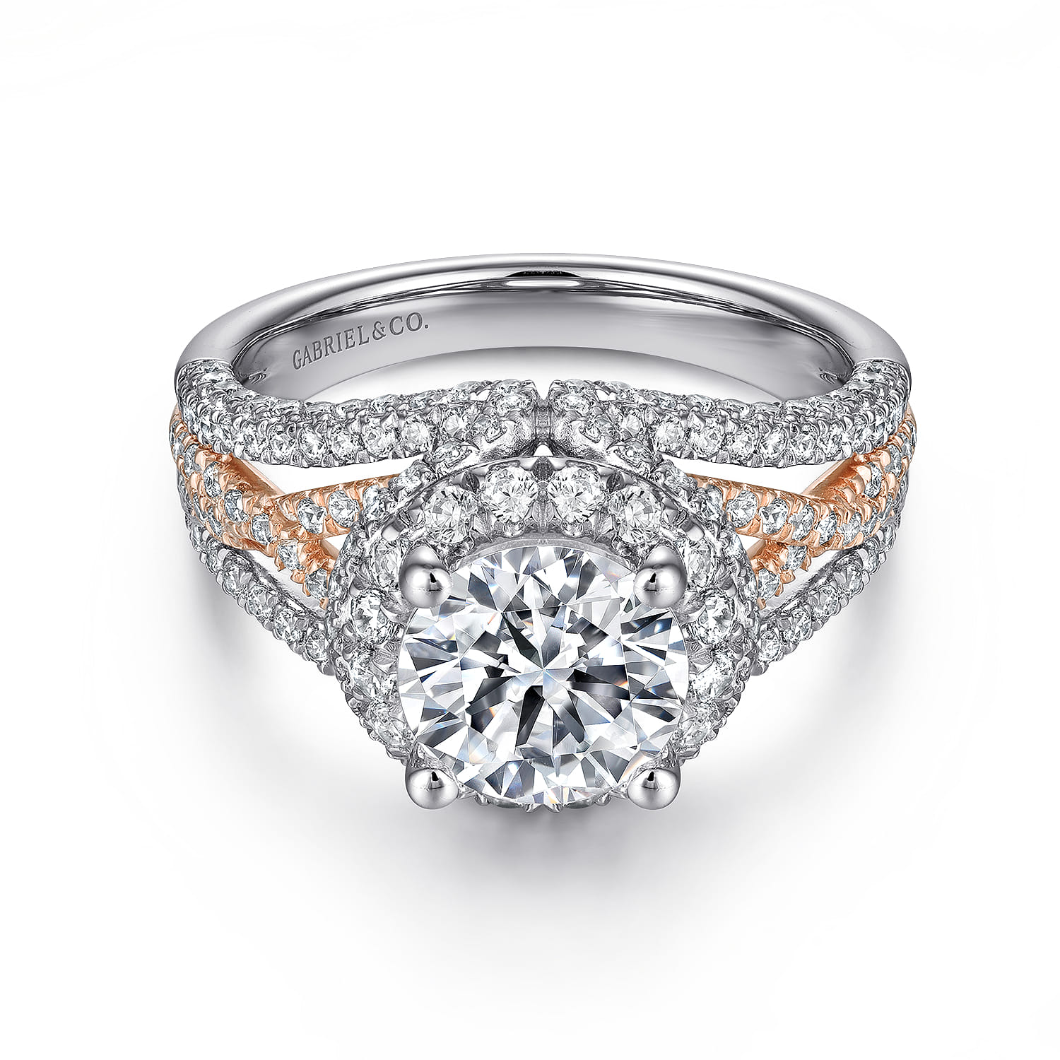 Delicacy - 14K White-Rose Gold Round Halo Diamond Engagement Ring - 1.05 ct - Shot 1