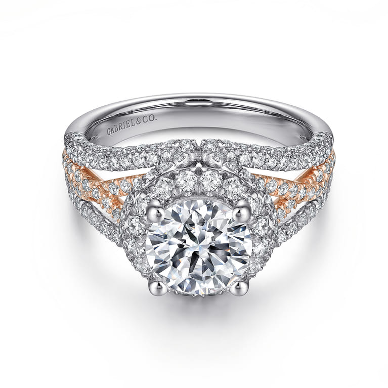 Delicacy - 14K White-Rose Gold Round Halo Diamond Engagement Ring - 1.05 ct - Shot 1