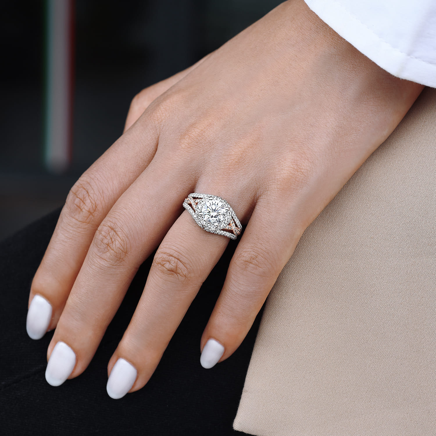 Delicacy - 14K White-Rose Gold Round Halo Diamond Engagement Ring - 1.05 ct - Shot 6