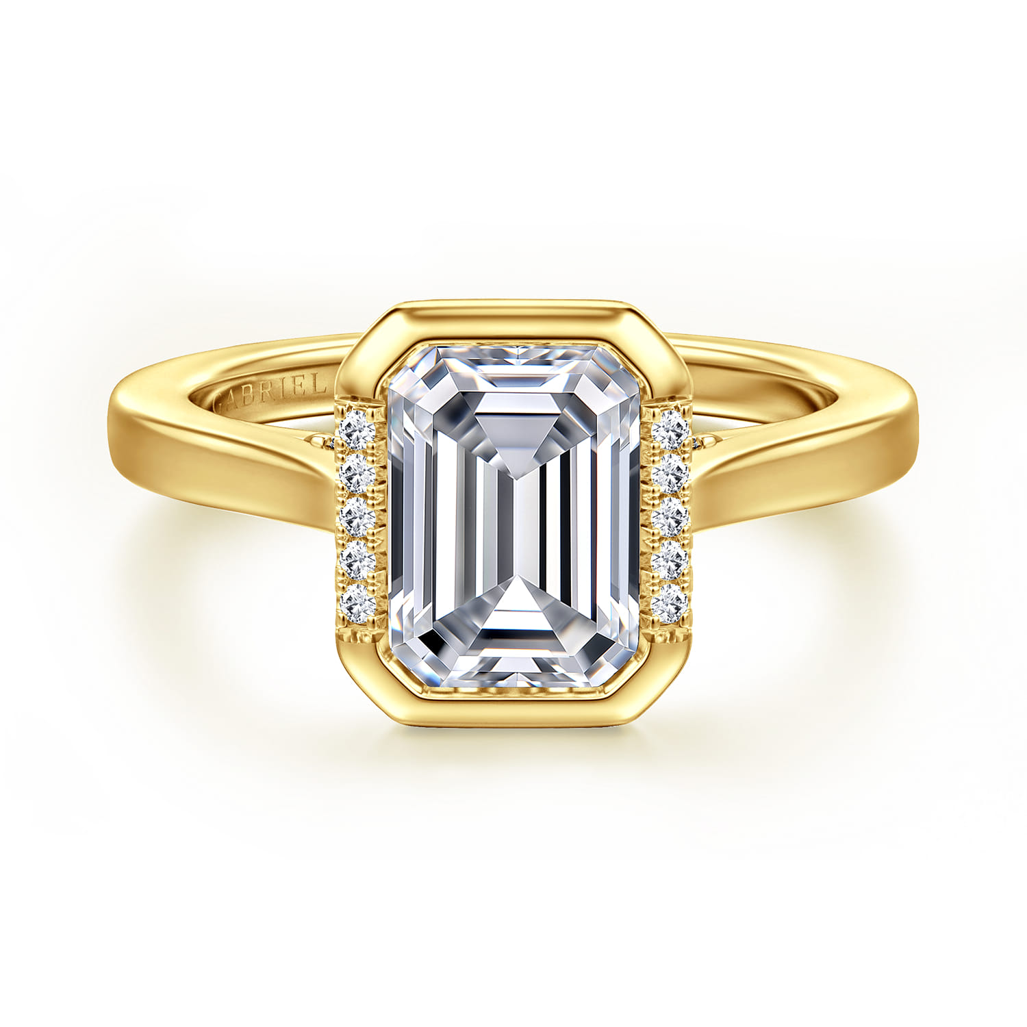 Virelia - 14K Yellow Gold Bezel Set Emerald Cut Diamond Engagement Ring - 0.14 ct - Shot 1