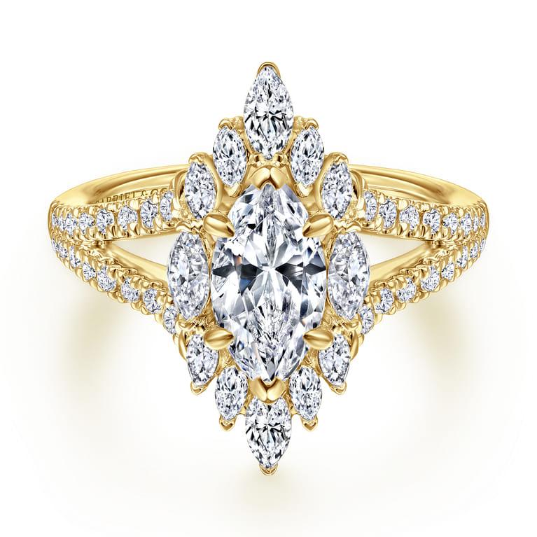 Ulla - 14K Yellow Gold Marquise Shape Halo Diamond Engagement Ring - 0.9 ct - Shot 1