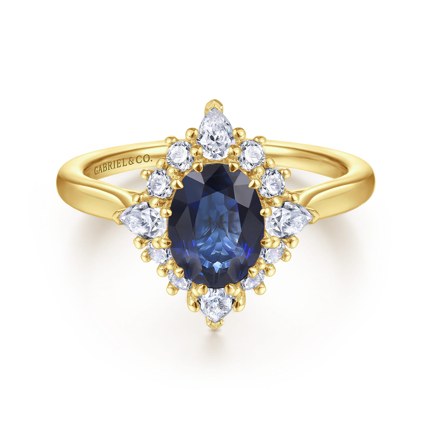 Ridley - 14K Yellow Gold Oval Halo Sapphire and Diamond Engagement Ring - 0.64 ct - Shot 1
