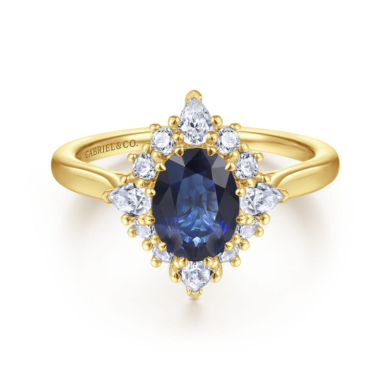 Ridley - 14K Yellow Gold Oval Halo Sapphire and Diamond Engagement Ring - 0.64 ct - Shot 1