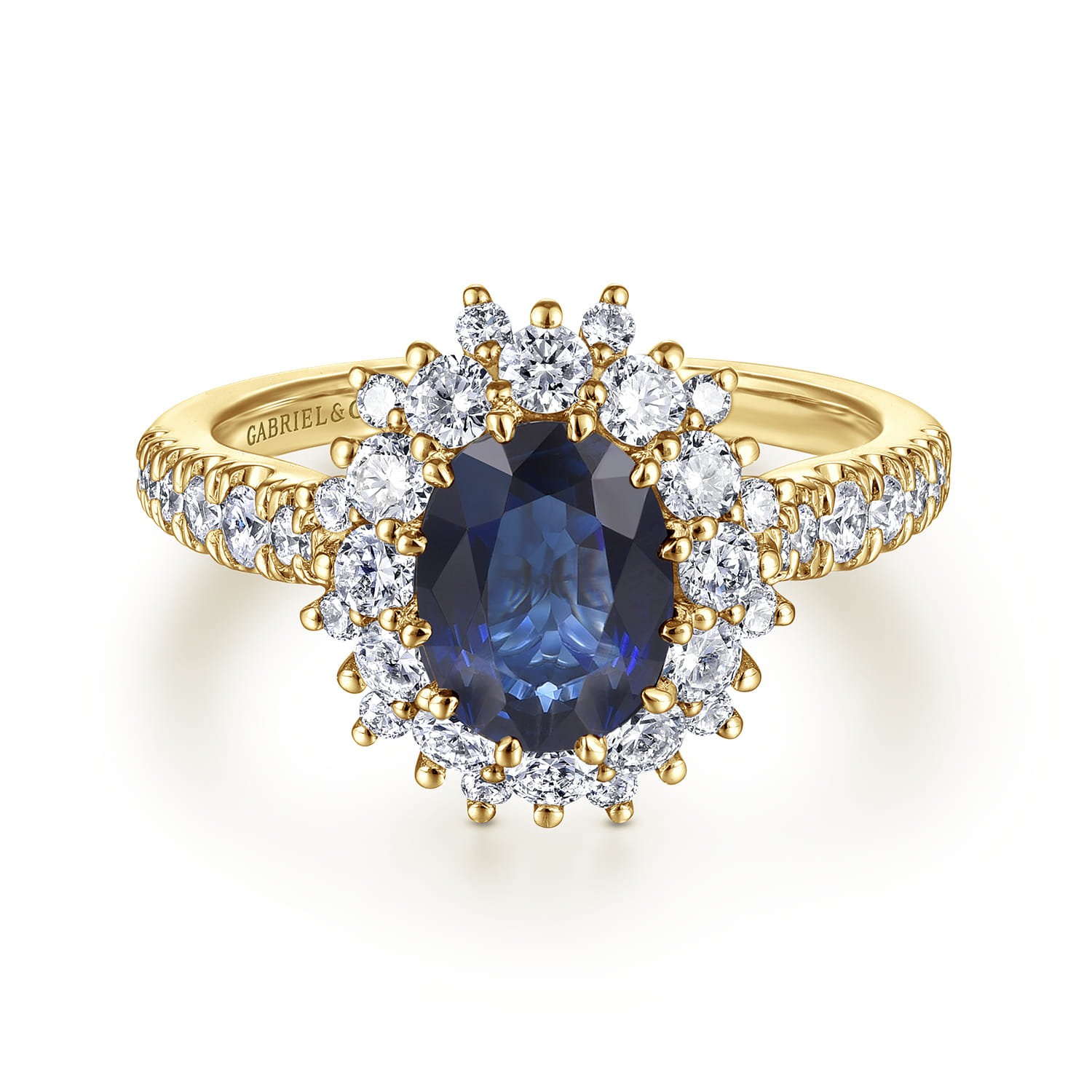 Imani - 14K Yellow Gold Oval Halo Sapphire and Diamond Engagement Ring - 0.83 ct - Shot 1