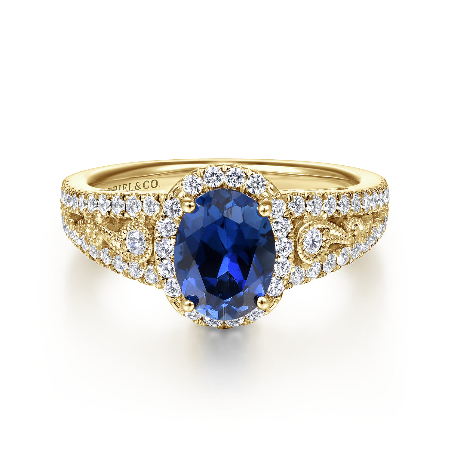 Nayana - 14K Yellow Gold Oval Halo Sapphire and Diamond Engagement Ring - 0.5 ct - Shot 1