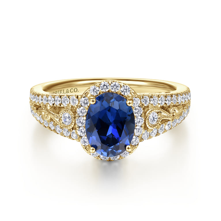 Nayana - 14K Yellow Gold Oval Halo Sapphire and Diamond Engagement Ring - 0.5 ct - Shot 1
