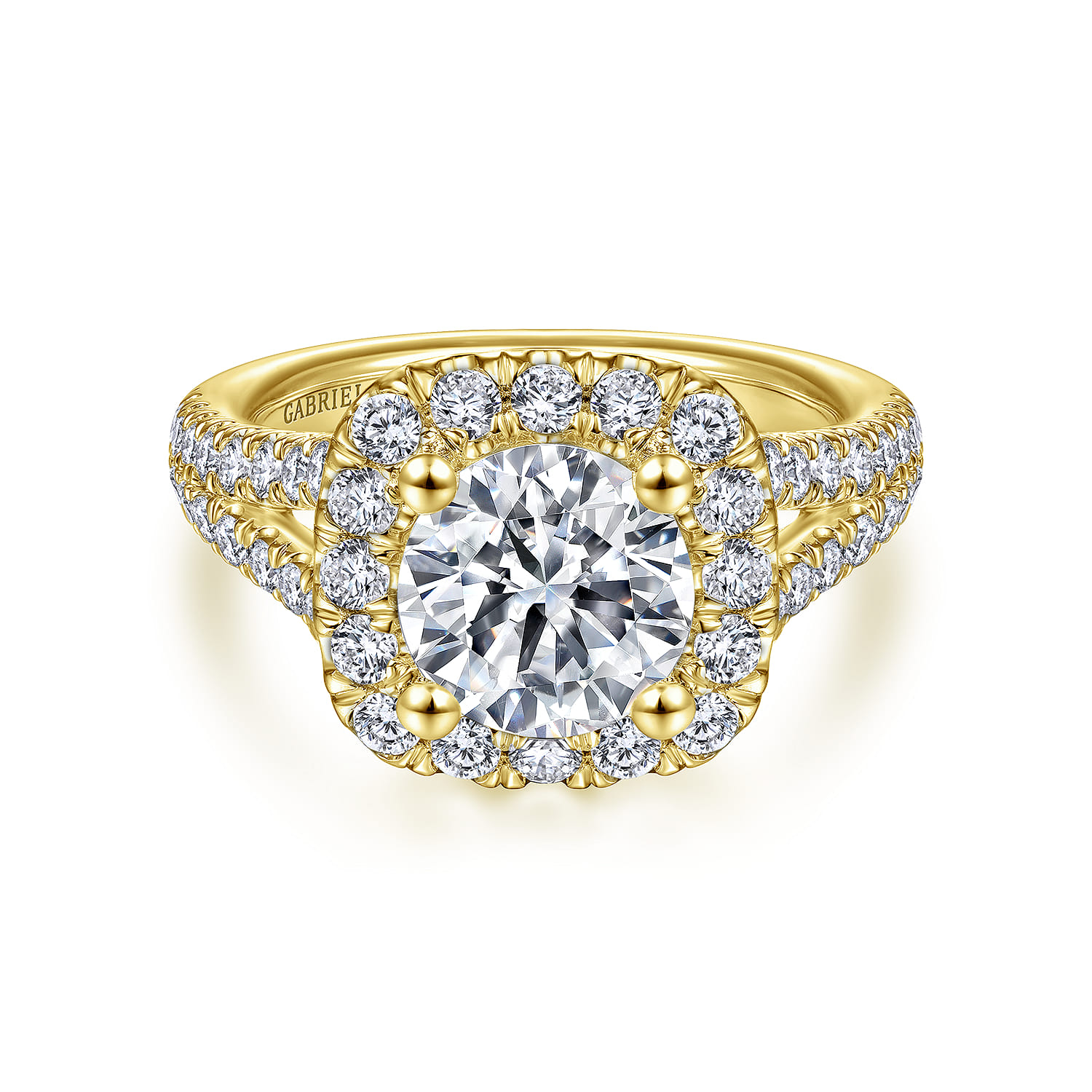 James - 14K Yellow Gold Cushion Halo Round Diamond Engagement Ring - 0.97 ct - Shot 1
