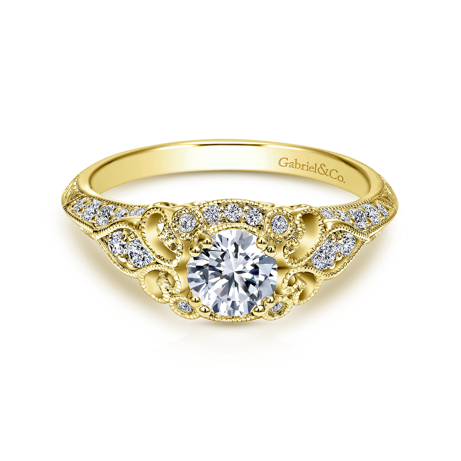 Abel - Unique 14K Yellow Gold Vintage Inspired Diamond Halo Engagement Ring - 0.3 ct - Shot 1