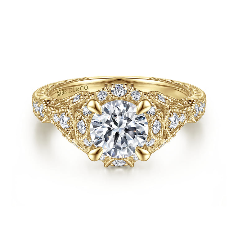 Annadale - Unique 14K Yellow Gold Vintage Inspired Diamond Halo Engagement Ring - 0.4 ct - Shot 1