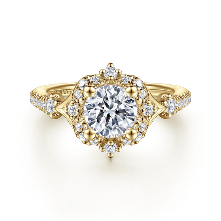 Veronique - Unique 14K Yellow Gold Vintage Inspired Halo Diamond Engagement Ring - 0.34 ct - Shot 1