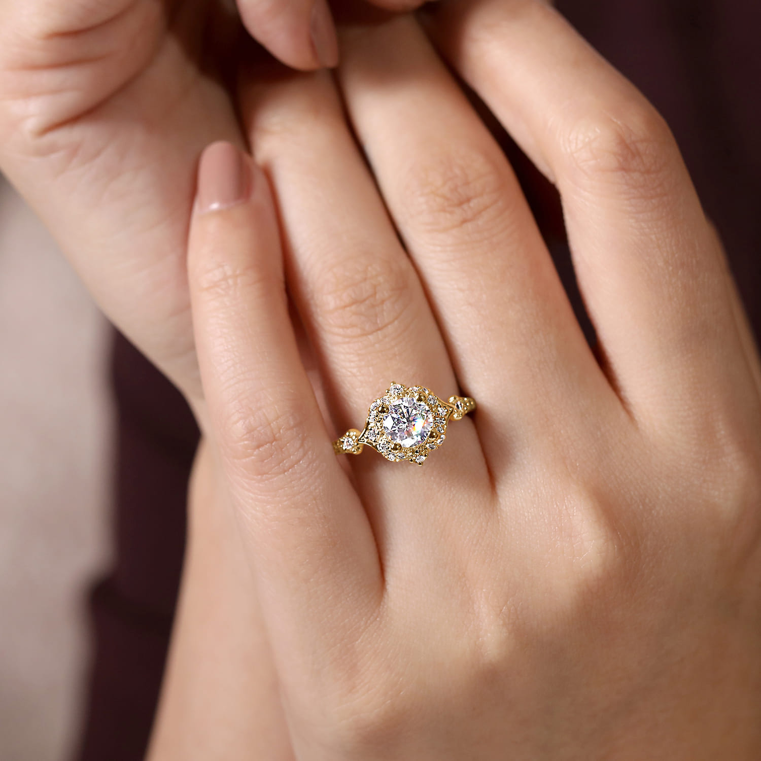 Veronique - Unique 14K Yellow Gold Vintage Inspired Halo Diamond Engagement Ring - 0.34 ct - Shot 6
