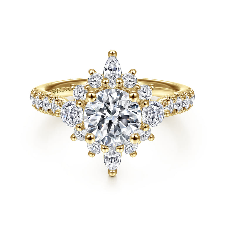 Astor - Unique 14K Yellow Gold Round Halo Diamond Engagement Ring - 1 ct - Shot 1