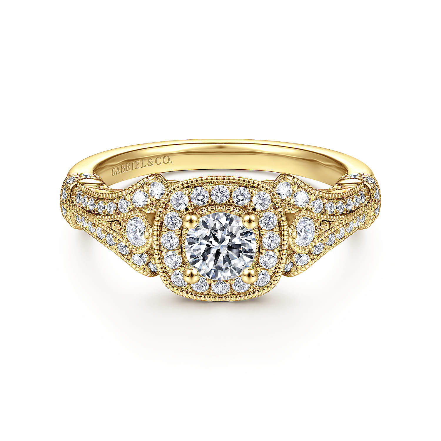 Delilah - Vintage Inspired 14K Yellow Gold Cushion Halo Round Complete Diamond Engagement Ring - 0.7 ct - Shot 1