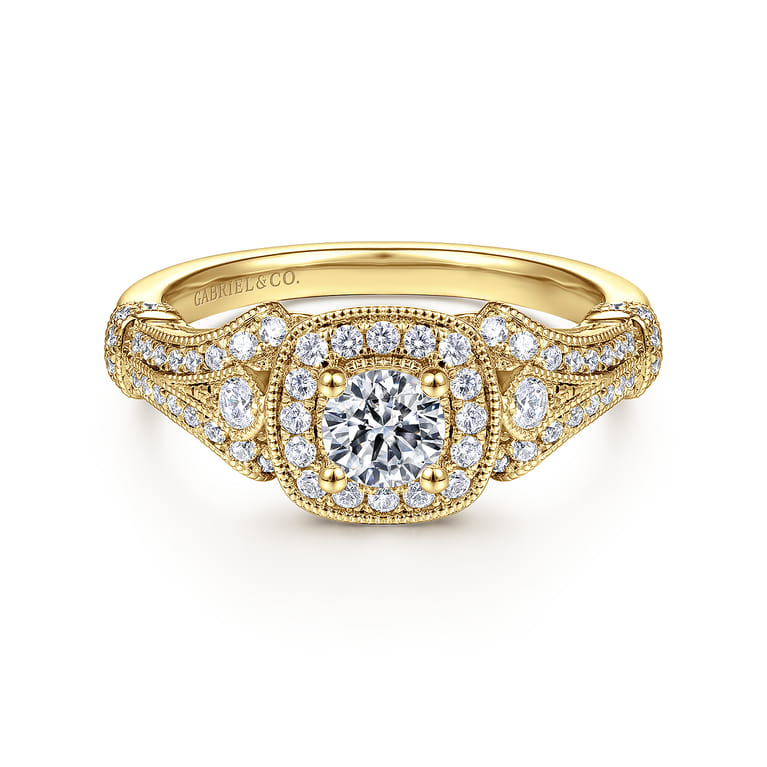 Delilah - Vintage Inspired 14K Yellow Gold Cushion Halo Round Complete Diamond Engagement Ring - 0.7 ct - Shot 1